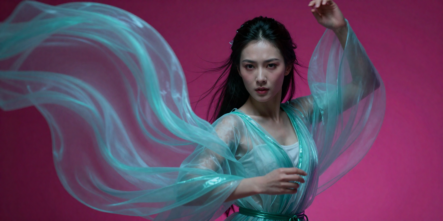 fictional consenting adult woman age 30 as an original fantasy muse in flowing translucent fabric, dramatic